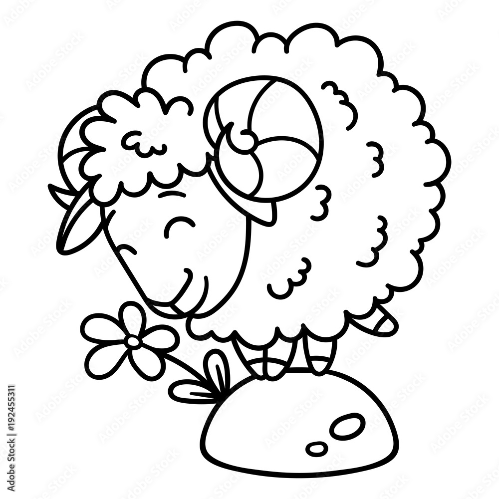 Sheep with a flower. Isolated objects on white background. Vector illustration. Coloring pages. Black and white illustration. Sheep with a flower. Isolated objects on white background. Vector illustration. Coloring pages. Black and white illustration.