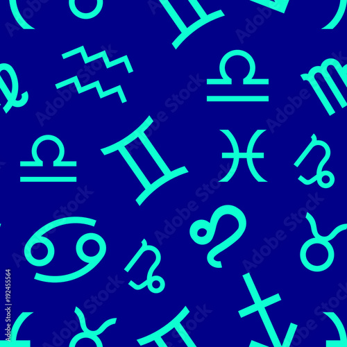 Vector. Seamless pattern for decoration, design. Astronomy different green zodiac sign on a blue background