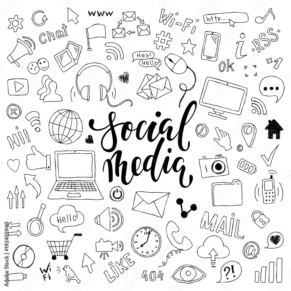 big set of hand drawn doodle cartoon objects and symbols with lettering. on the Social Media theme - obrazy, fototapety, plakaty 