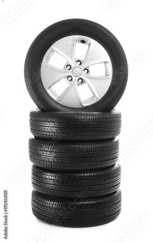 Car tires on white background