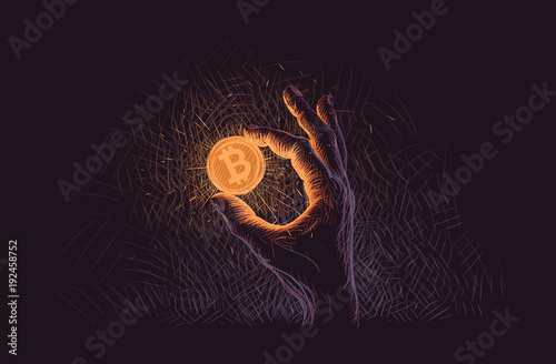 Glowing Bitcoin coin in hand illustration. Vector. photo