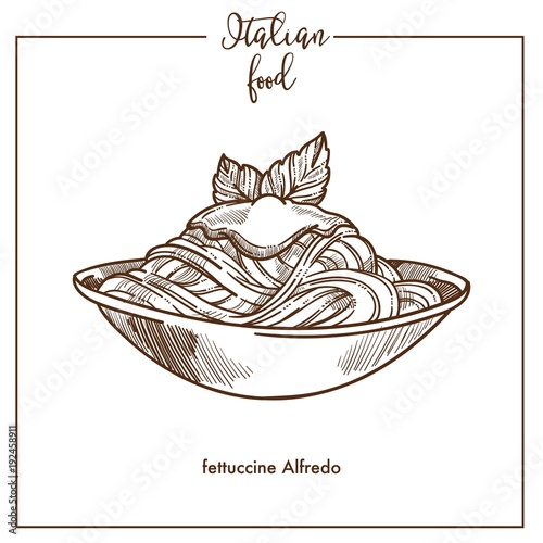 Fettuccine Alfredo pasta sketch vector icon for Italian cuisine food menu design