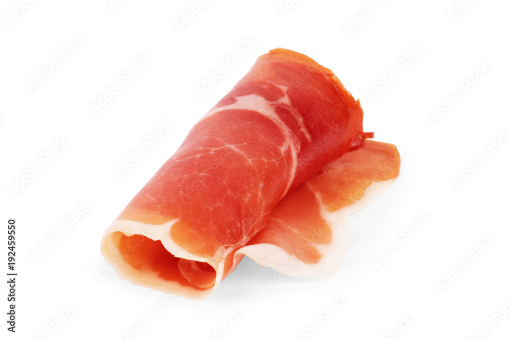 Italian prosciutto crudo or jamon. Raw ham. Isolated on white background Italian prosciutto crudo or jamon. Raw ham. Isolated on white background
