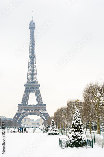 Fototapeta Naklejka Na Ścianę i Meble -  Winter in Paris in the snow. The Eiffel tower seen from the Champ de Mars with lawn and fir trees covered in snow in the foreground.