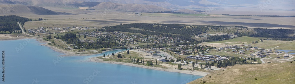 Panoramic view of the town Lake Tekapo in the South Island of New Zealand