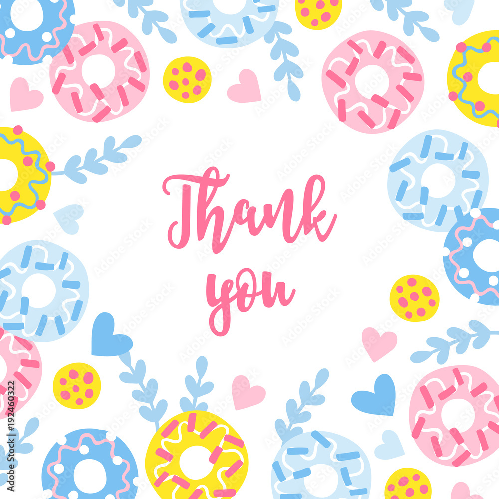 Summer greeting card with donuts, cookies, hearts and branches Summer greeting card with donuts, cookies, hearts and branches