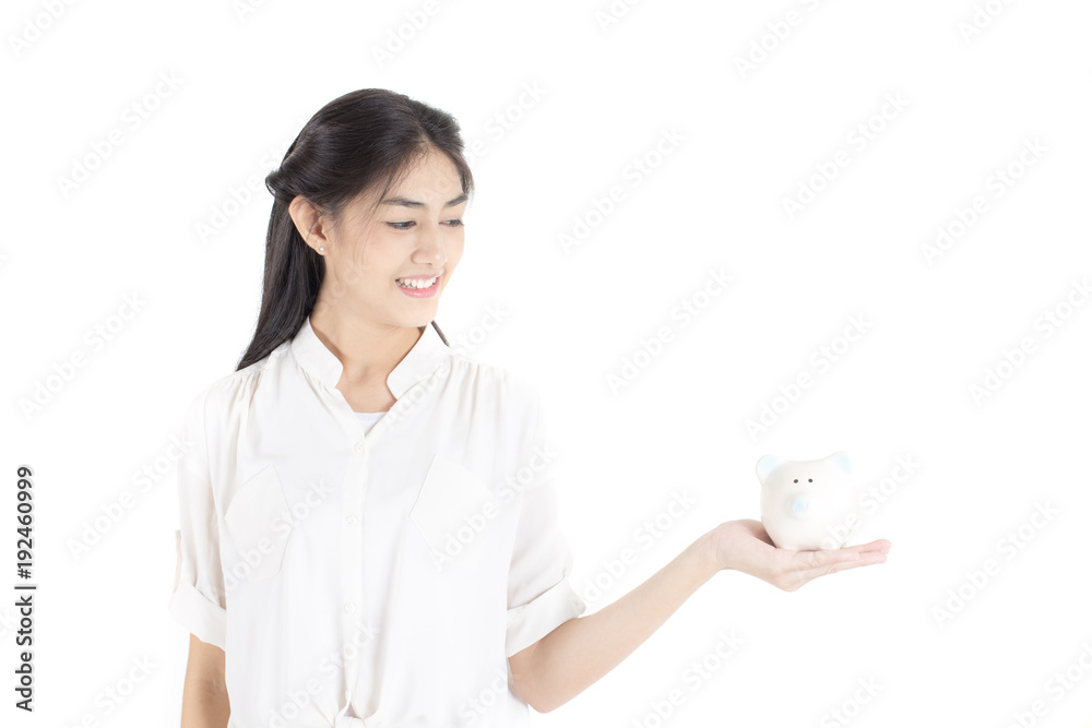 Asian Woman holding piggy bank with attractive smiling isolated on white background. People with saving money concept. Asian Woman holding piggy bank with attractive smiling isolated on white background. People with saving money concept.