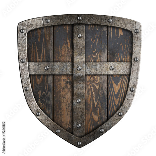 Wooden medieval vikings shield with metal frame and cross 3d illustration