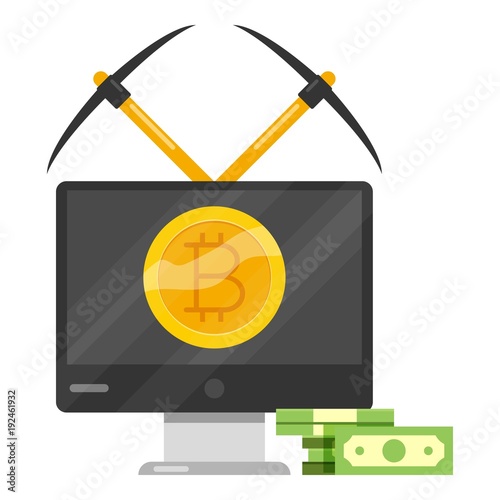 Bitcoin mining icon, cartoon style