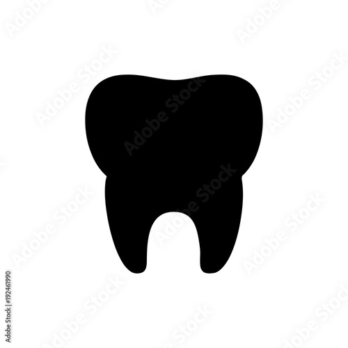 Flat black tooth icon on white background. Isolated tooth icon for use in variety of projects. Monochrome vector tooth icon for web sites and apps.