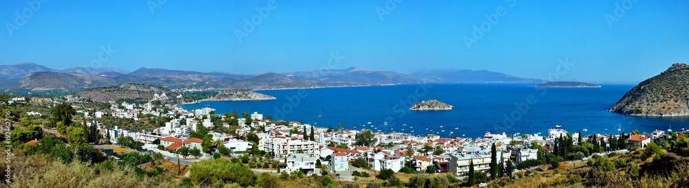 Greece-panoramic view of the city Tolo and island Koronisi
