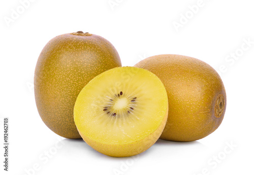 whole and half of yellow or gold kiwi fruit isolated on white background