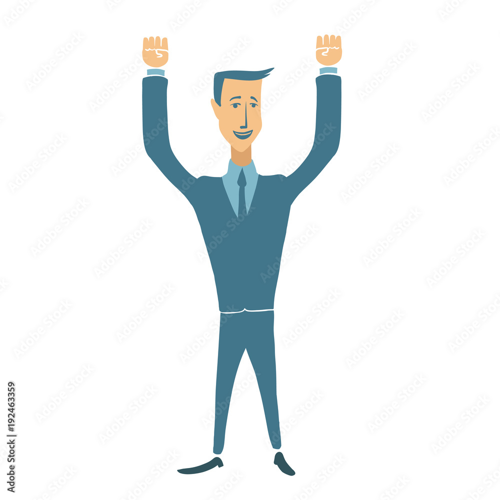 Businessman with hands raised, a gesture of success and victory. Happy man. Vector illustration, isolated on white background. Businessman with hands raised, a gesture of success and victory. Happy man. Vector illustration, isolated on white background.