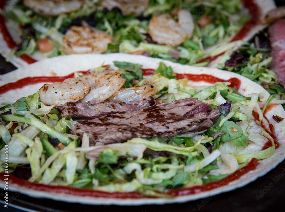 Plate with fresh healthy vegetables, meat and fish Plate with fresh healthy vegetables, meat and fish