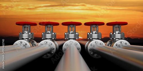 Industrial pipelines and valves on sky at sunset background, banner. 3d illustration