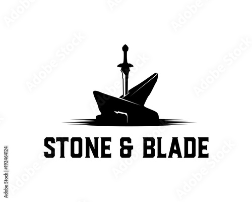 the Strong Sword Pierce on the Stone Symbol Concept Logo Vector