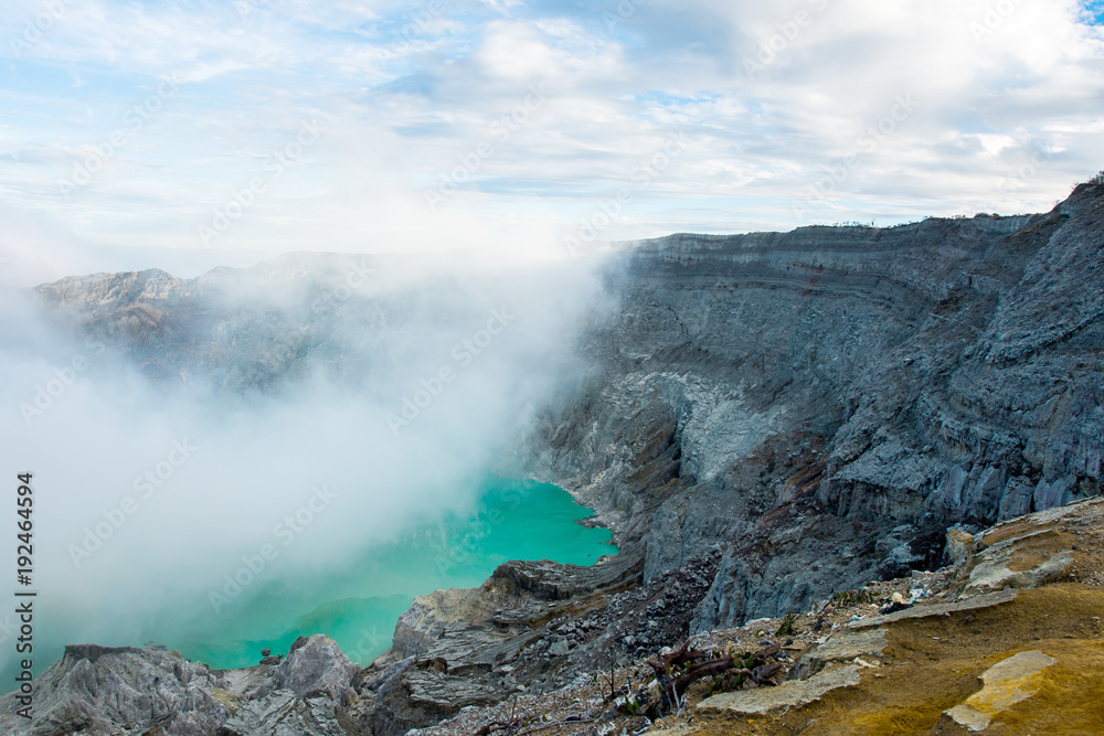 View from Ijen Crater, Sulfur fume at Kawah Ijen, Vocalno in Indenesia