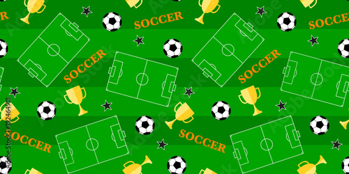 Seamless pattern with stadium, soccer ball and winner cup. Vector football background