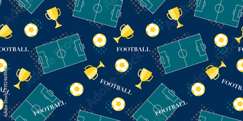 Seamless pattern with stadium, soccer ball and winner cup. Vector football background