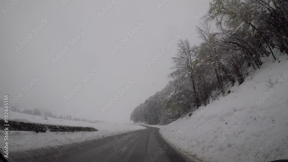 Driving car on a winter road with snow covered forest trees . Driving car on a winter road with snow covered forest trees .