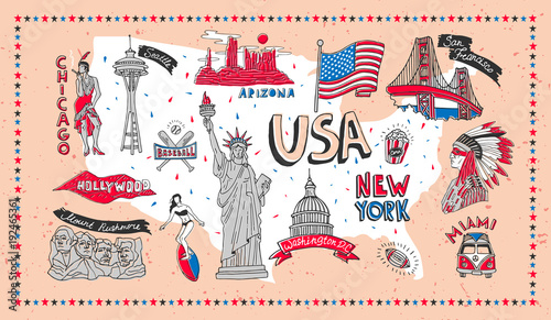 Illustrated symbol set with USA landmarks