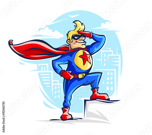 Brave superhero man in costume with red cloak and star