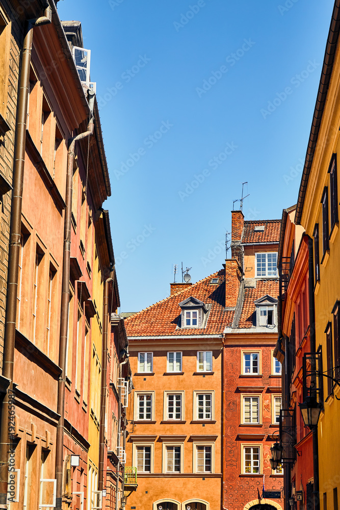 One of the streets of the old city on a clear sunny day in the old town in Warsaw, Poland