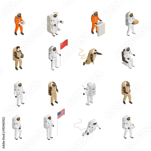 Fototapeta Naklejka Na Ścianę i Meble -  Astronauts Cosmonauts Spacesuit Isometric Set