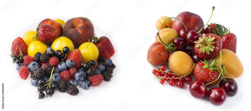 Set of fresh fruits and berries isolated on white. Mix berries on a white. Ripe strawberries, currants, cherries, apricots, nectarines and peaches isolated on white background. Set of fresh fruits and berries isolated on white. Mix berries on a white. Ripe strawberries, currants, cherries, apricots, nectarines and peaches isolated on white background.