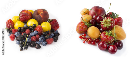 Set of fresh fruits and berries isolated on white. Mix berries on a white. Ripe strawberries, currants, cherries, apricots, nectarines and peaches isolated on white background. © vit_kitamin