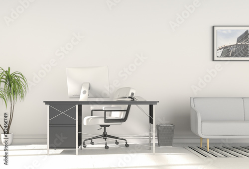 3D rendering of interior modern living room bright workspace with desk and laptop computer and green plants  © srijaroen