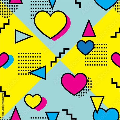 Seamless memphis style pattern with hearts and colorful geometrical shapes on yellow and blue background