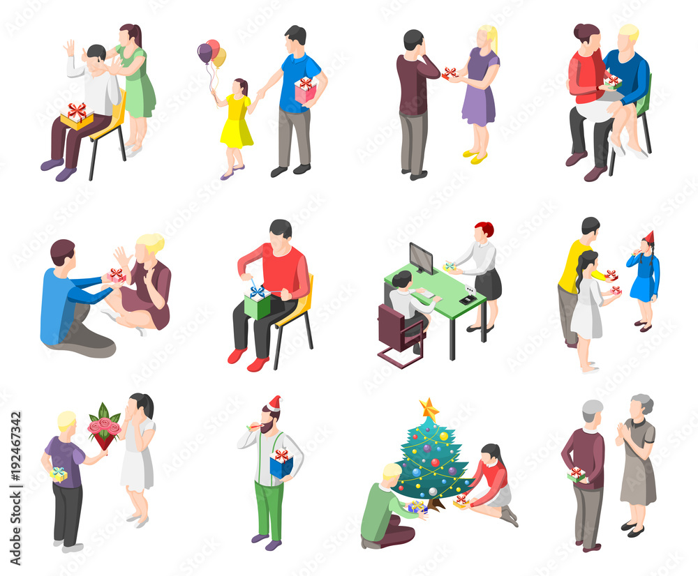 People With Gifts Isometric Icons