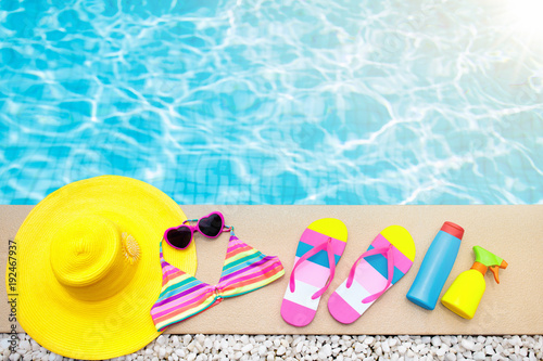 Pool and beach items flat lay. Summer vacation.