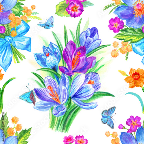 Fototapeta Naklejka Na Ścianę i Meble -  Seamless watercolor pattern from spring flowers and butterflies. Crocuses, daffodils. primrose, mimosa, floral background, hand-drawn.