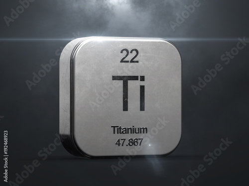 Titanium element from the periodic table. Metallic icon 3D rendered with nice lens flare