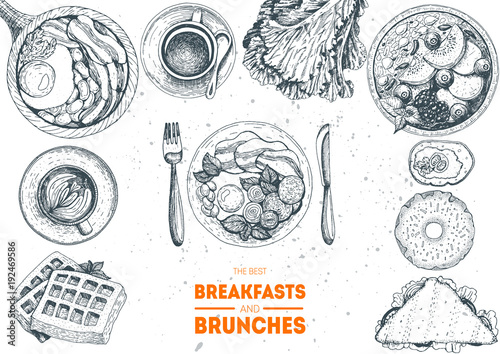 Breakfasts and brunches top view frame. Food menu design. Vintage hand drawn sketch vector illustration.