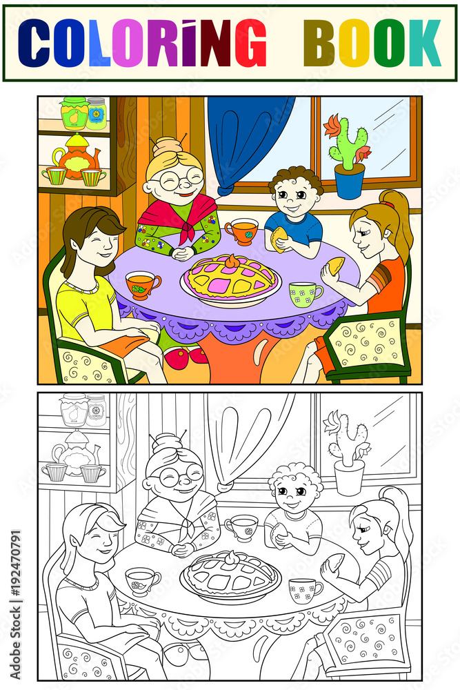 Color Grandmother is sitting at the table. Grandchildren came to visit. Coloring, black and white Color Grandmother is sitting at the table. Grandchildren came to visit. Coloring, black and white