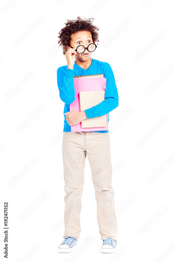 Fototapeta premium Portrait of cute curly-haired Latin American elementary student wearing eyeglasses