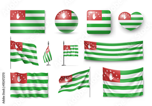 Set Abkhazia flags, banners, banners, symbols, relistic icon. Vector illustration of collection of national symbols on various objects and state signs