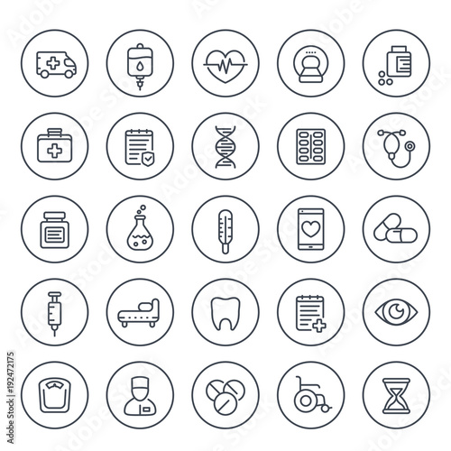 medicine, healthcare icons set on white, pharmaceutics, pills, ambulance, mri scan, iv bag, wheelchair, linear style
