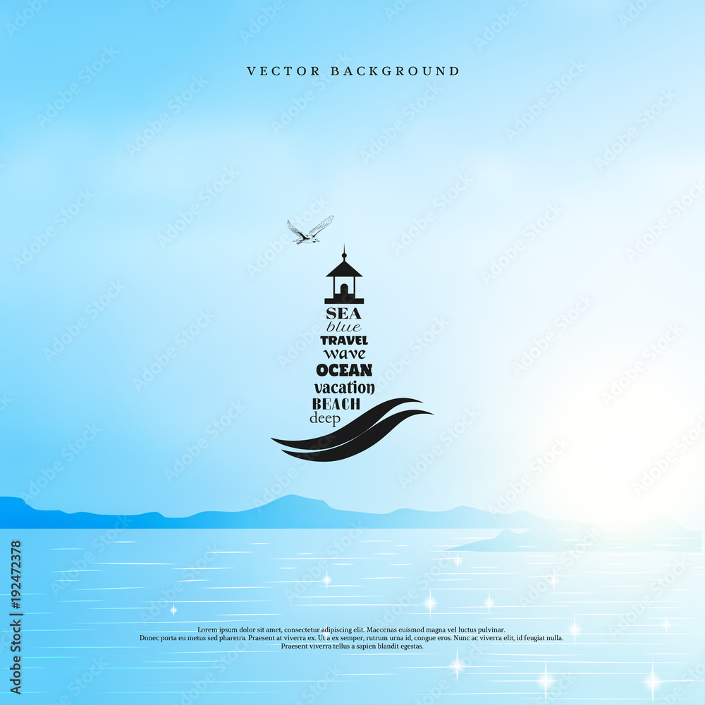 Vector background with the emblem of lighthouse and seagull. Marine ...