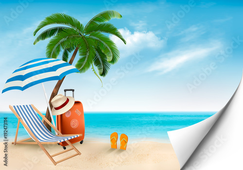 Seaside vacation vector. Travel items on the beach.