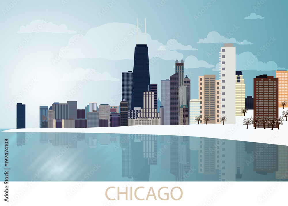 Winter Panorama of Chicago city with skyscrapers, frozen lake Michigan, Willis Tower, trees, snow and blue sky and sunny day. Landscape, view, USA. Vector illustration EPS 10