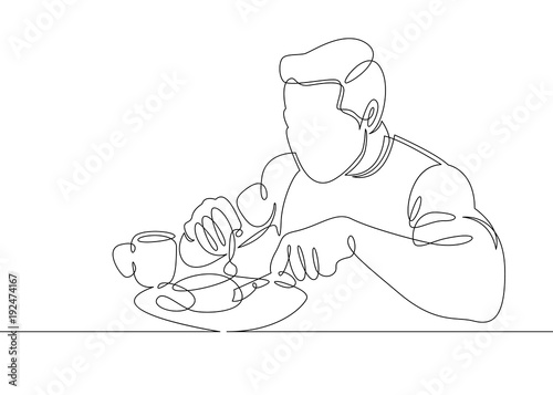 Continuous single line one morning, breakfast, meal character at the table. Coffee, fried eggs, tea, toast, juice.The guy is a man who has breakfast and drinks coffee. Athletic and healthy lifestyle.