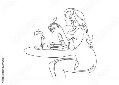 Continuous single line one morning, breakfast, meal character at the table. Coffee, fried eggs, tea, toast, juice. The girl is having breakfast at the table
