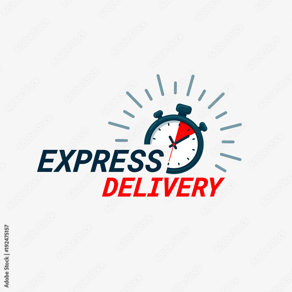 Express delivery icon. Timer and express delivery inscription on light  background. Fast delivery, express and urgent shipping, services,  chronometer sign. Stock Vector