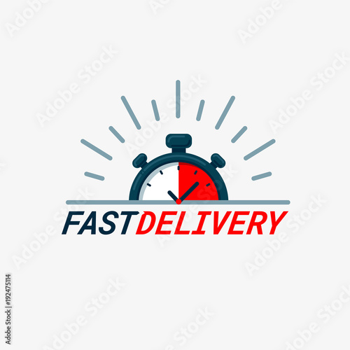 Fast delivery icon. Timer and fast delivery inscription on light background. Fast delivery, express and urgent shipping, services, chronometer sign.