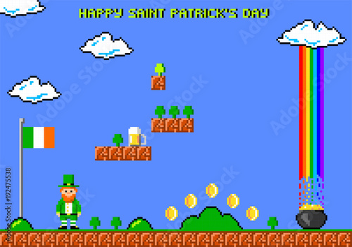 Happy saint Patrick's day greeting card. Leprechaun in style of eight-bit game. Inscription of  Happy saint Patricks day.  Vector illustration 