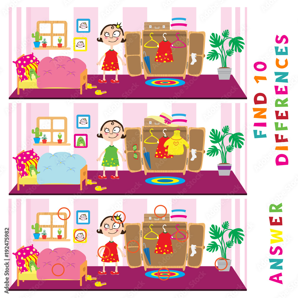 Children educational game of find ten differences. Vector funny activity. Children educational game of find ten differences. Vector funny activity.